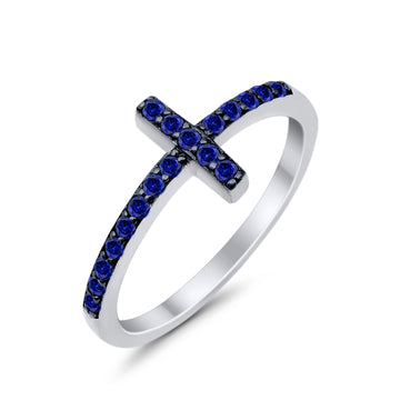 Wedding Eternity Sideways Cross Rings Simulated Blue Sapphire CZ 925 Sterling Silver